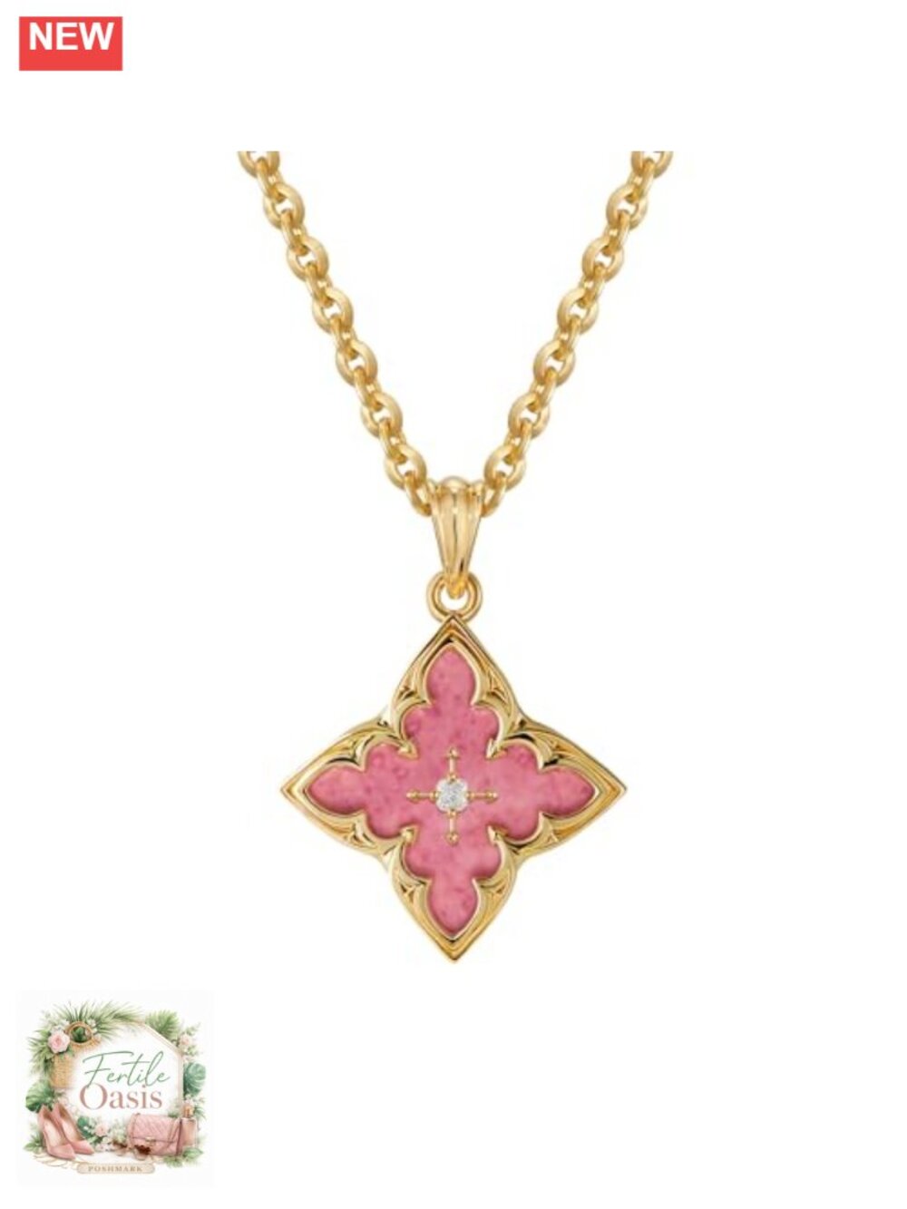 Gold Plated Clover Pendant Necklace for Women Rhodonite Charm